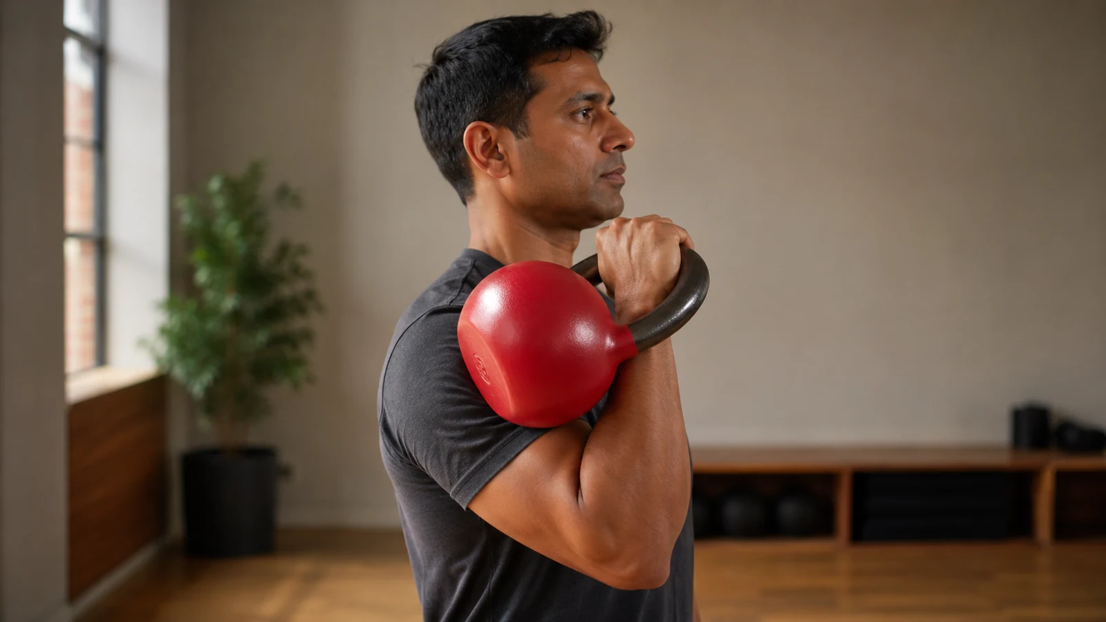 Sportler hält eine rote Kettlebell sauber in der Rack-Position, sodass Hand, Unterarm und Griff klar sichtbar sind.