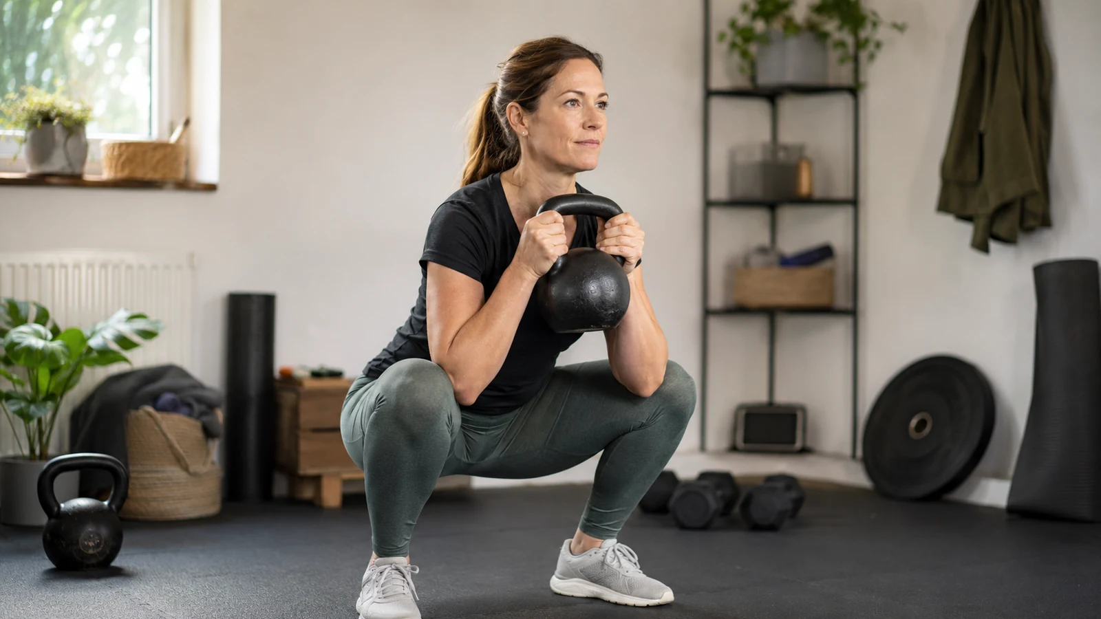 Sportlerin trainiert in einem kompakten Studio mit einer Kettlebell und blickt auf einen Timer am Boden.