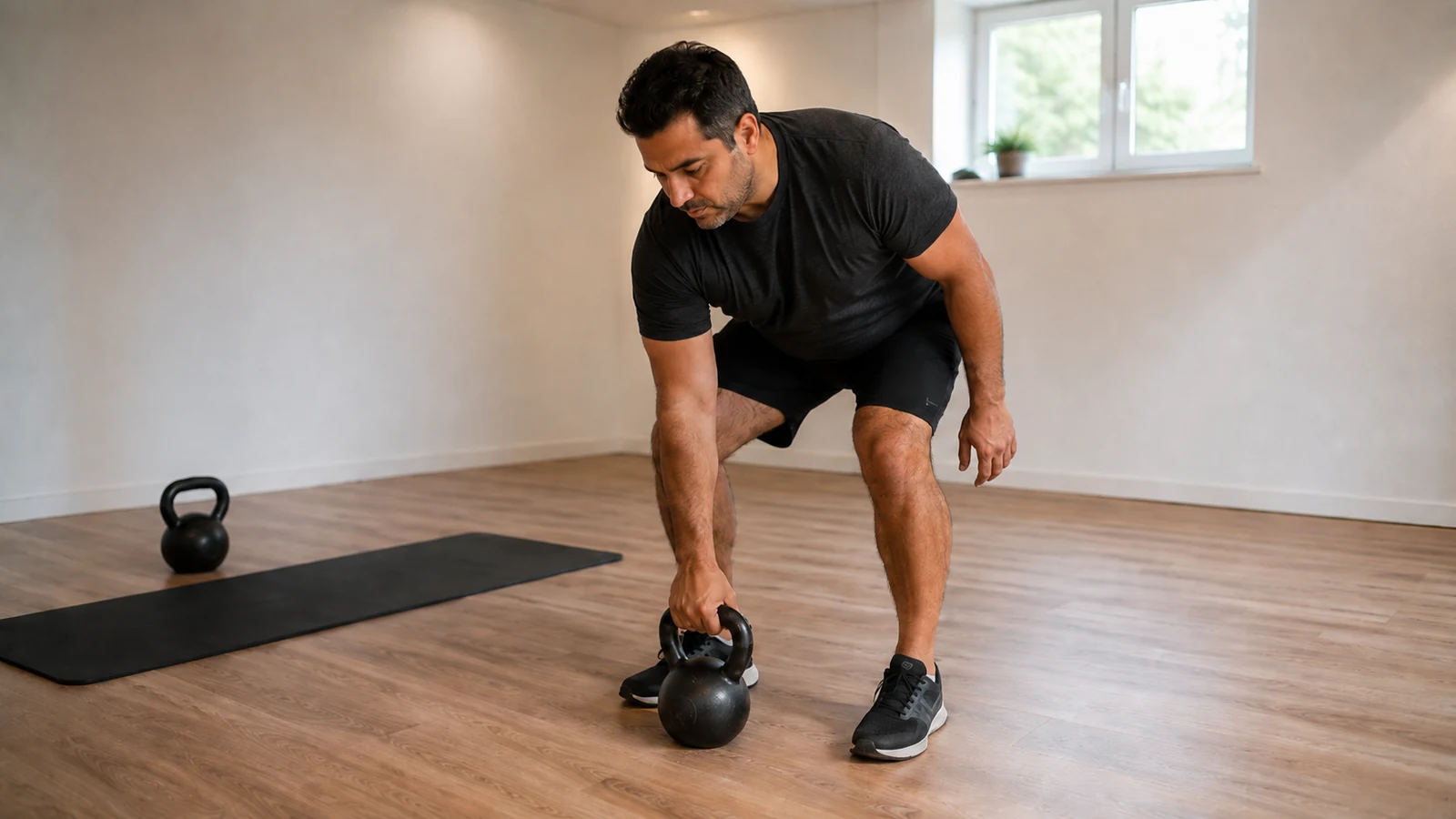 Sportler greift in einem hellen Home-Gym nach einer Kettlebell neben Trainingsmatte und freier Fläche.