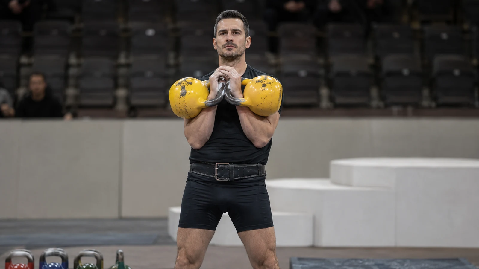 Athlet hält zwei gelbe Wettkampf-Kettlebells stabil in der Long-Cycle-Rack-Position in einer Wettkampfhalle.
