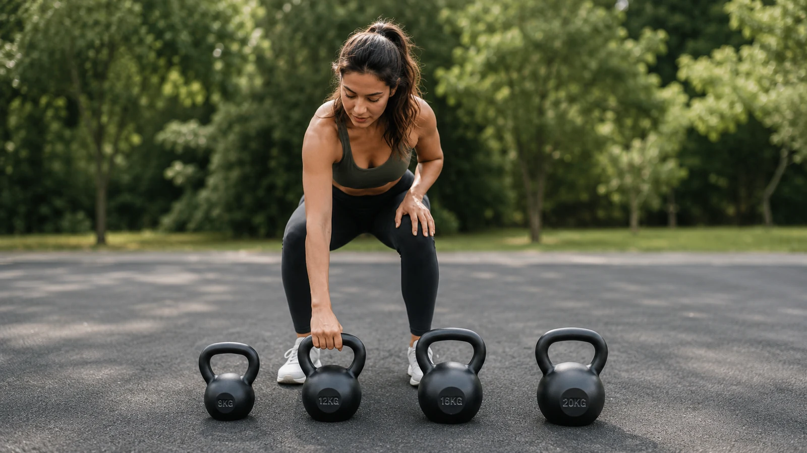 Sportlerin greift auf einer Park-Trainingsfläche gezielt nach einer passenden Einsteiger-Kettlebell.