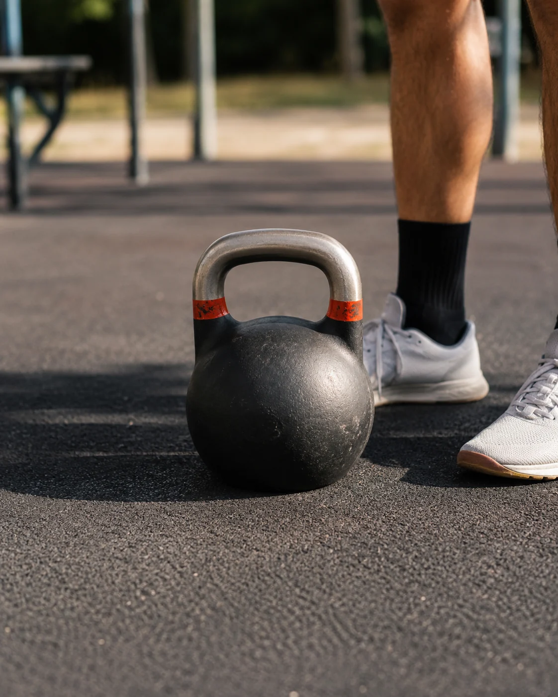 Schwarze Kettlebell auf einem Outdoor-Sportplatz vor den Beinen eines Athleten