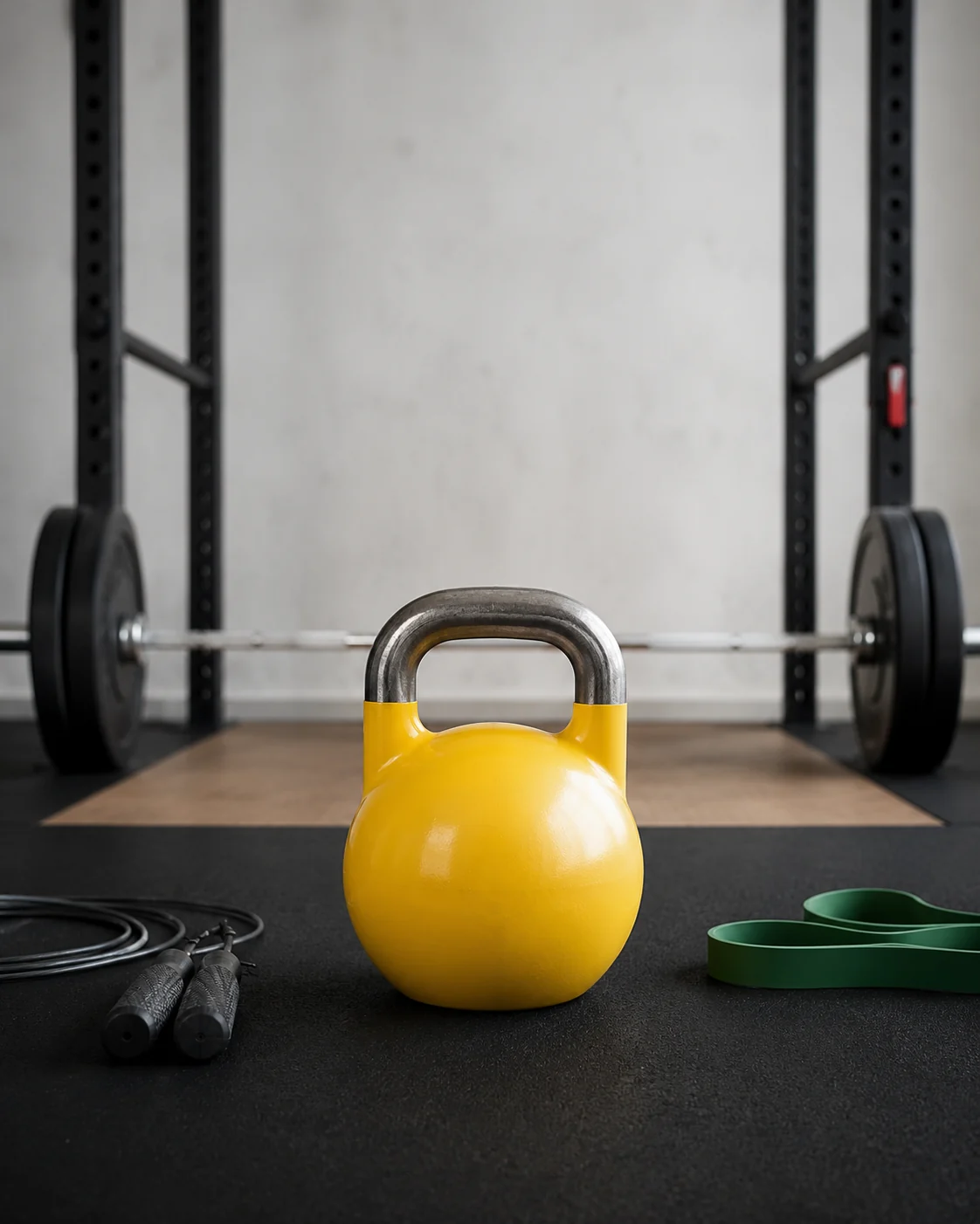Gelbe Kettlebell vor einer Langhantel, einem Springseil und Trainingsbändern auf einer Plattform im Gym
