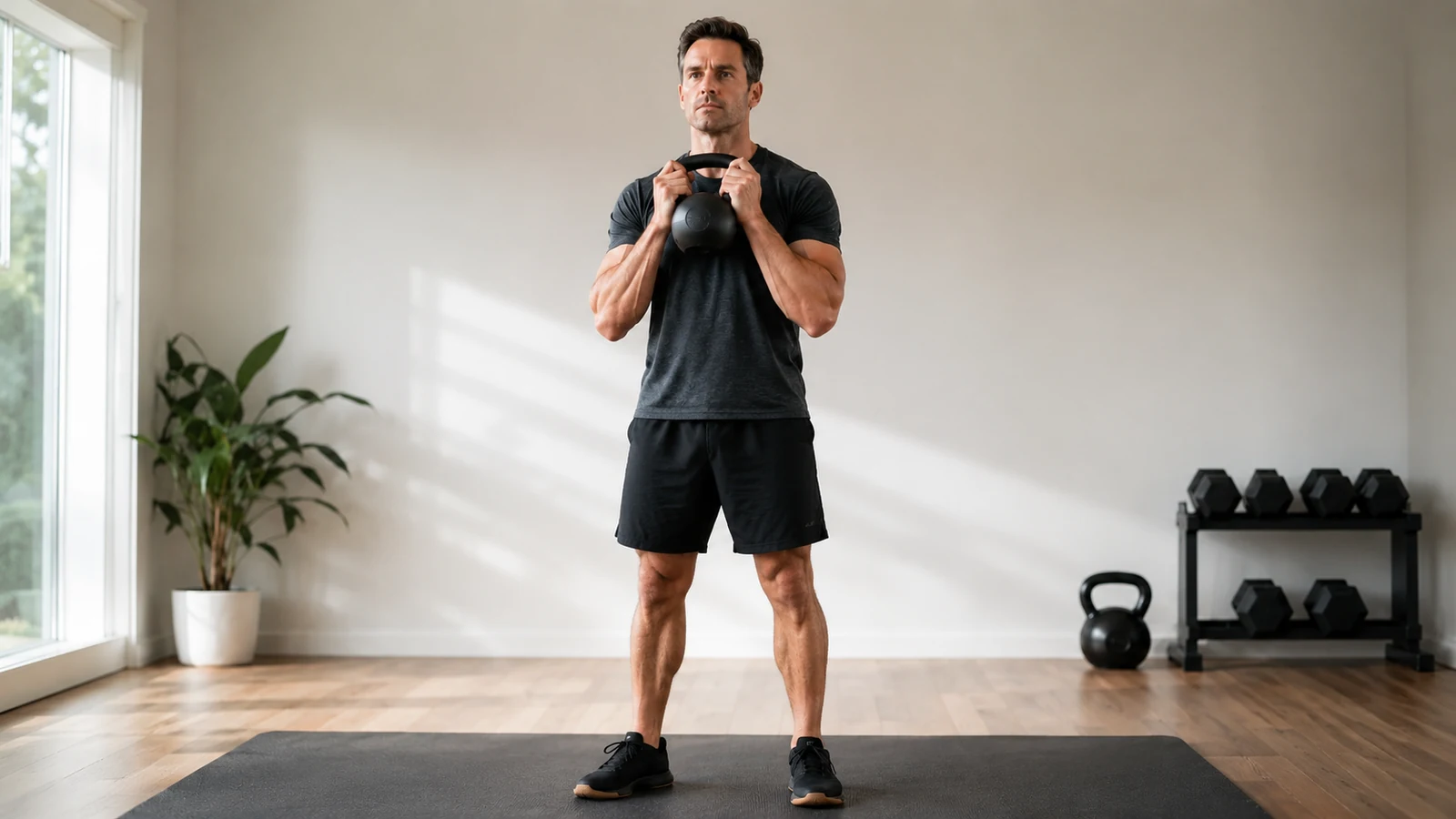 Athlet hält eine schwarze Kettlebell in stabiler Goblet-Hold-Position in einem hellen Home-Gym.