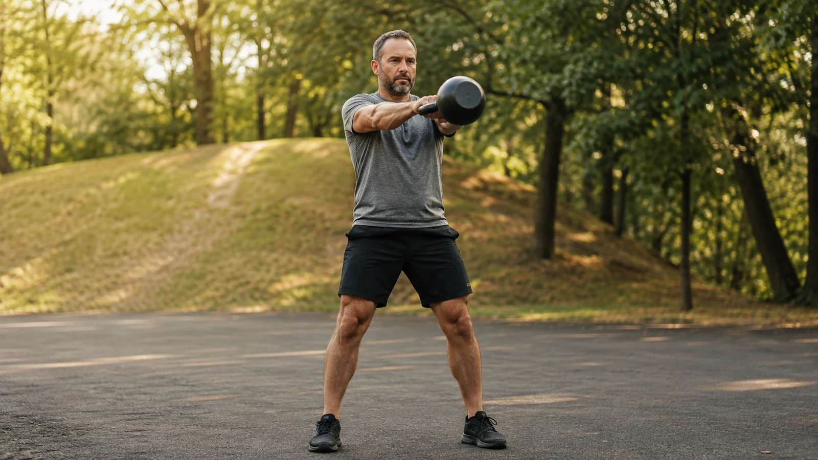 Athlet führt auf einer leicht ansteigenden Outdoor-Trainingsfläche einen Two-Hand Kettlebell Swing aus.