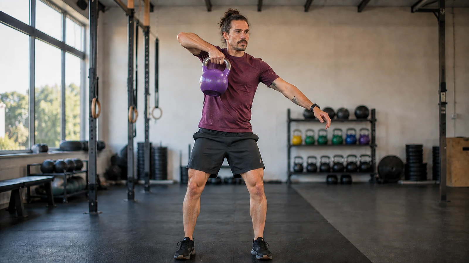 Athlet führt mit einer Kettlebell einen High Pull in einem hellen Functional-Fitness-Studio aus.