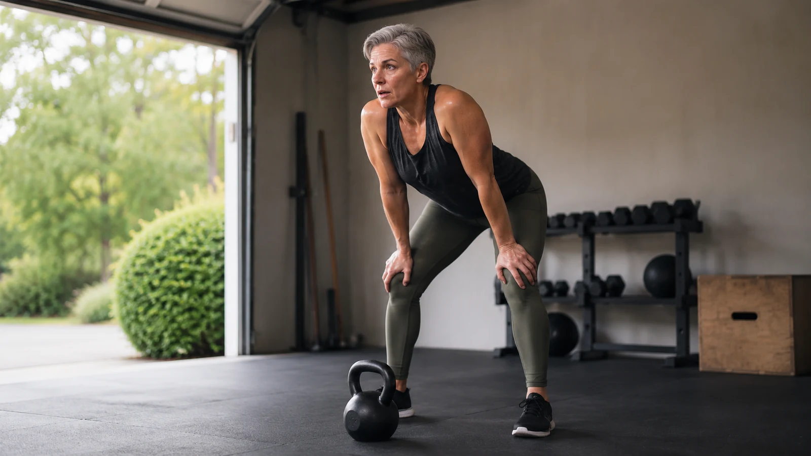 Sportlerin pausiert fokussiert im Garagen-Gym hinter einer schwarzen Kettlebell am Boden.