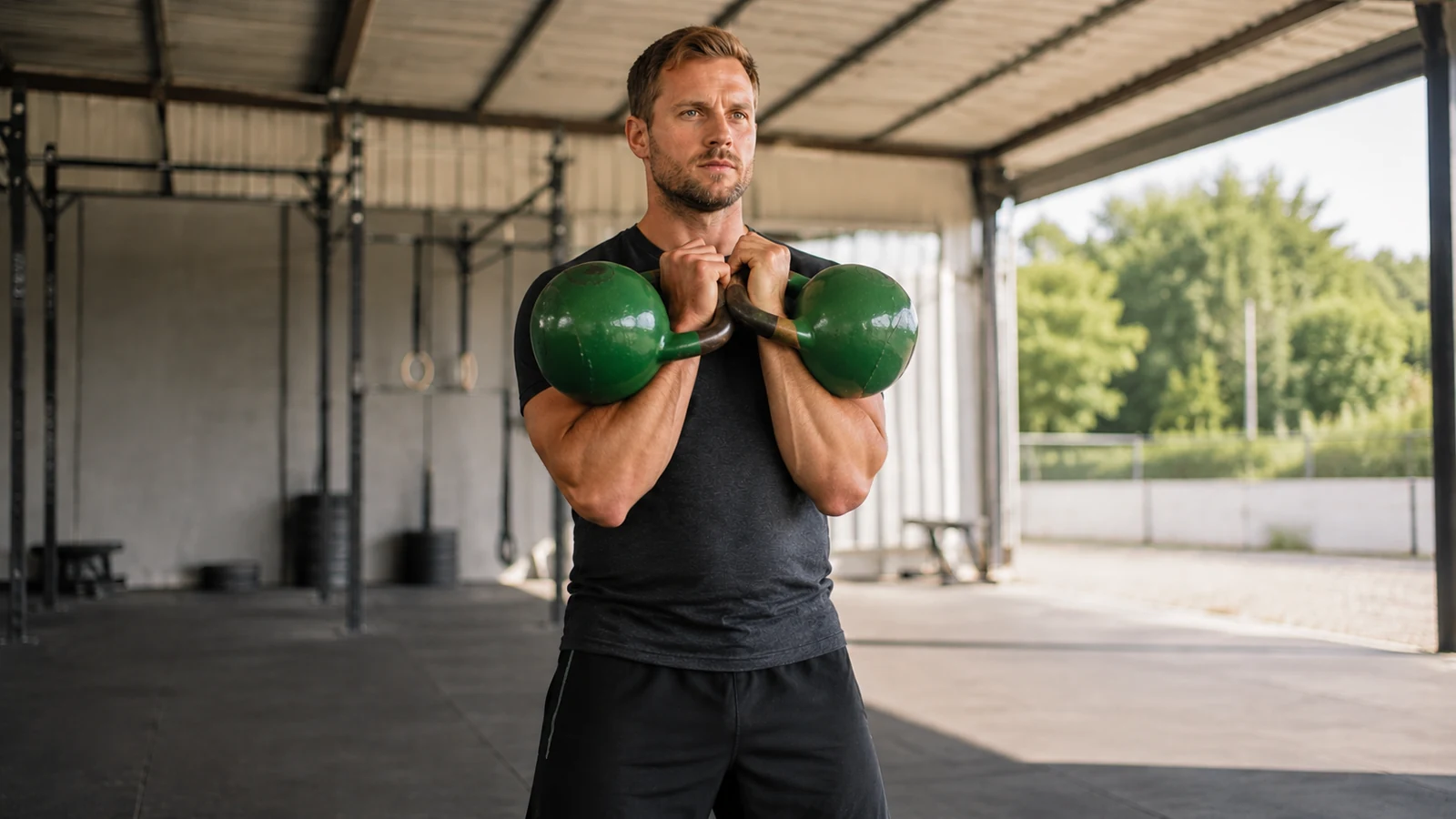 Athlet hält zwei grüne Wettkampf-Kettlebells ruhig in der Long-Cycle-Rack-Position.