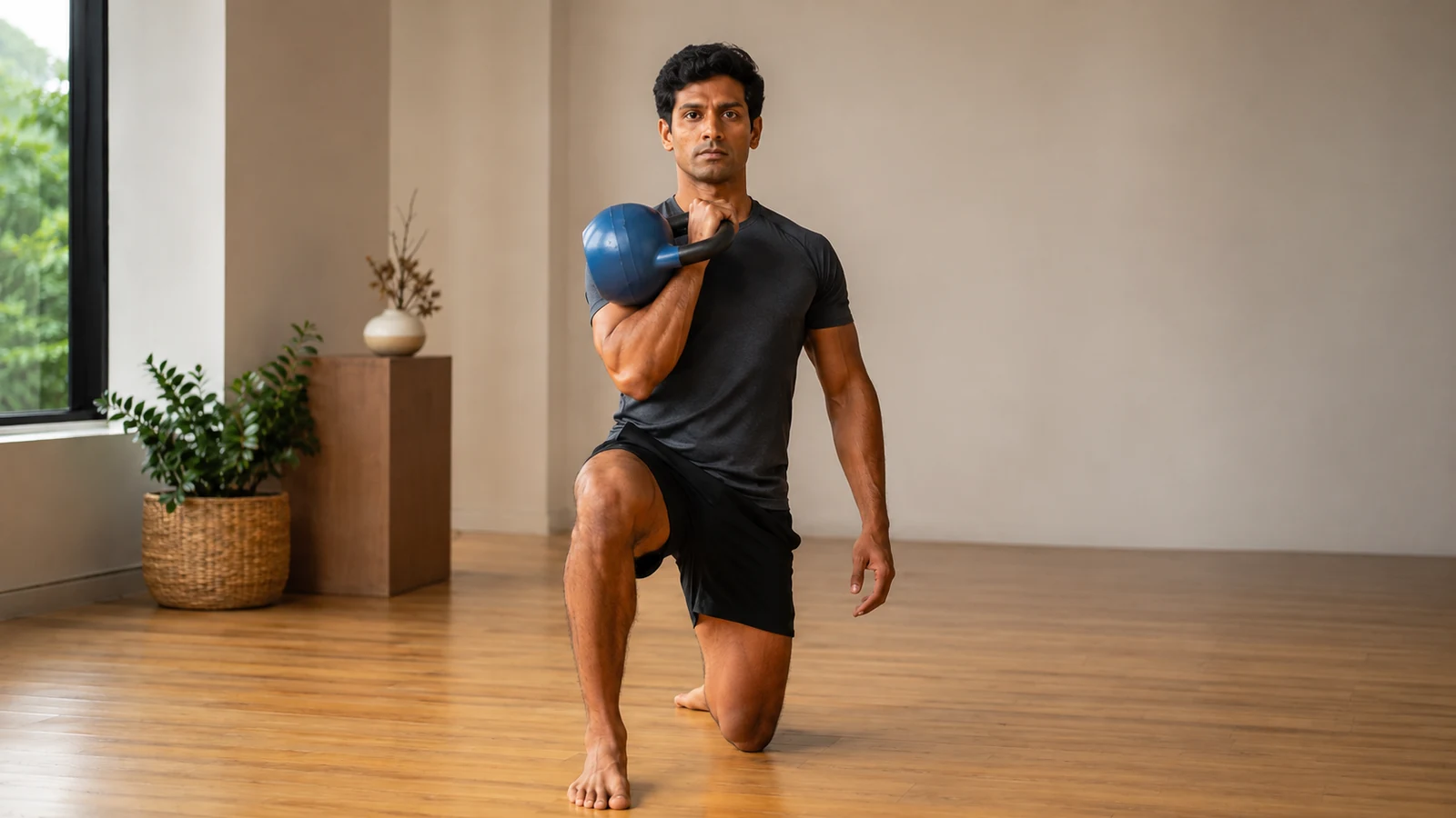 Athlet hält eine blaue Kettlebell in Half-Kneeling-Position stabil im einseitigen Rack.