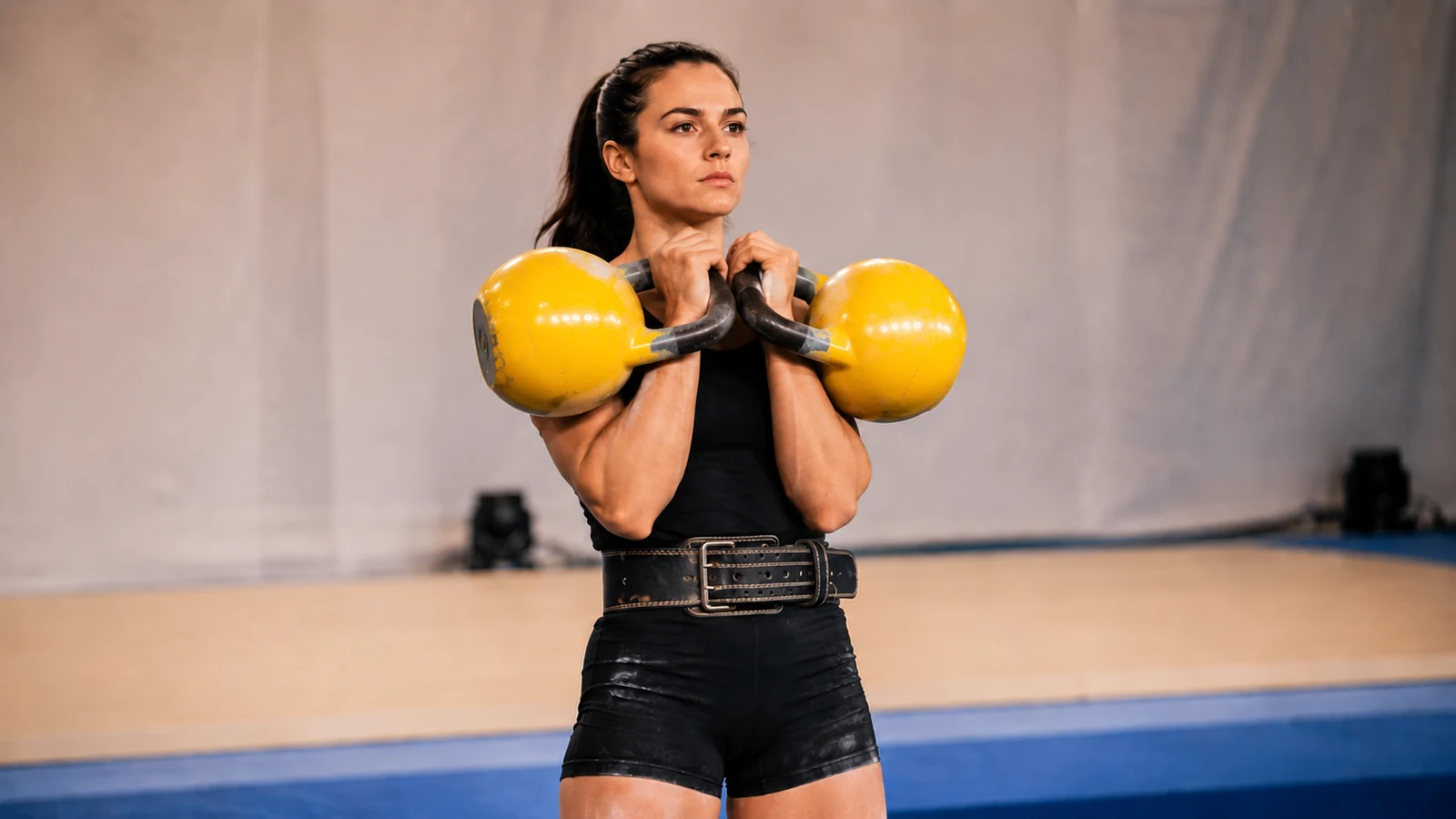 Sportlerin hält zwei rote Wettkampf-Kettlebells in ruhiger Rack-Position während einer Jerk-Erholungsphase.